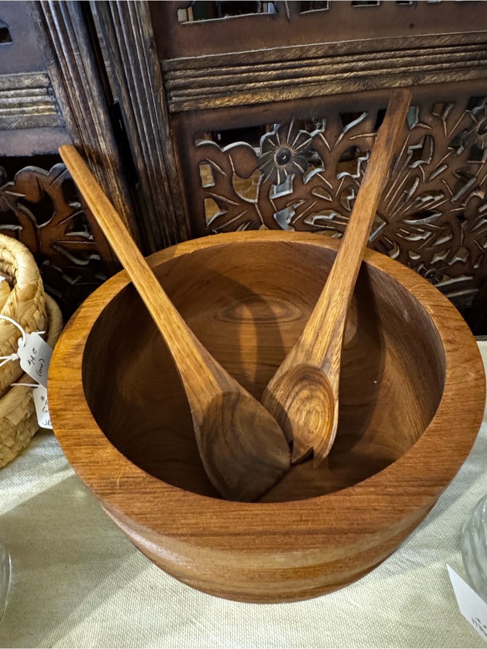 Teak Salad Bowl with Serving Spoons - Brown
